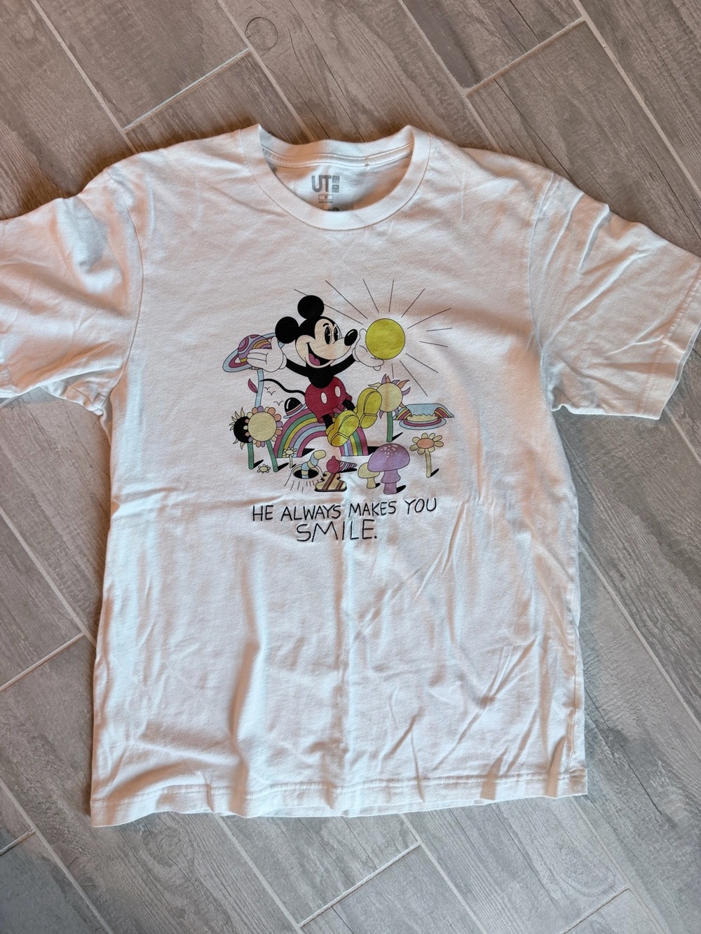 Uniqlo Woman's White Mickey Mouse Graphic T-Shirt - 'He Always Makes You Smile'